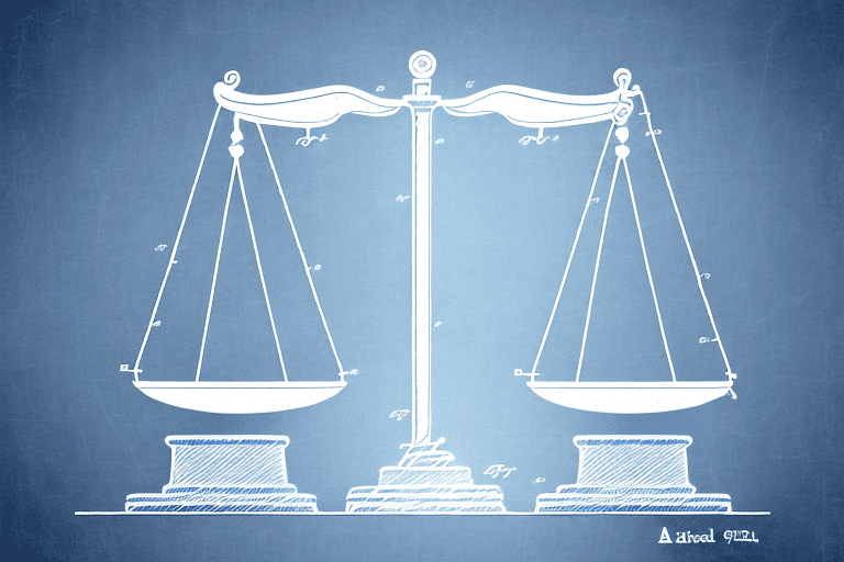 A balanced scale with a patent document on one side and a gavel on the other