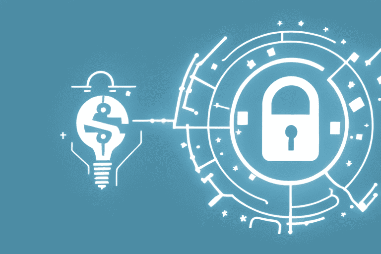 A symbolic representation of a bank with a digital padlock (representing security) on it and a light bulb (representing intellectual property) hovering above it