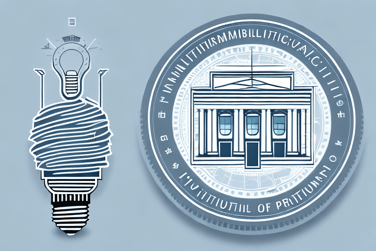 A government building with a symbolic representation of intellectual property (such as a light bulb or a patent icon) and a credentialing badge