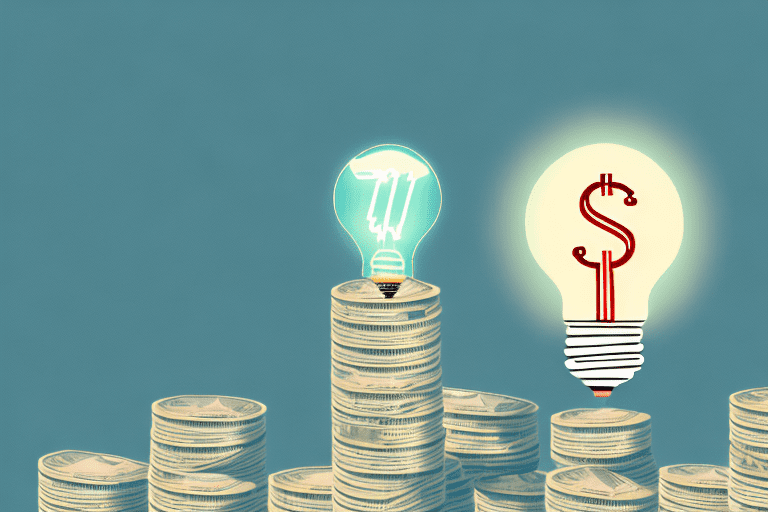 A scale balancing a pile of money and a light bulb (symbolizing intellectual property)