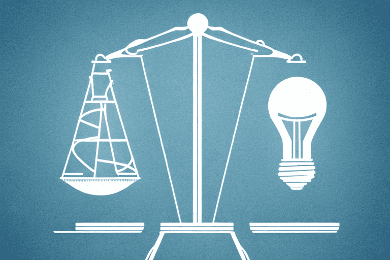 A scale balancing a lightbulb (symbolizing an idea) and a legal gavel