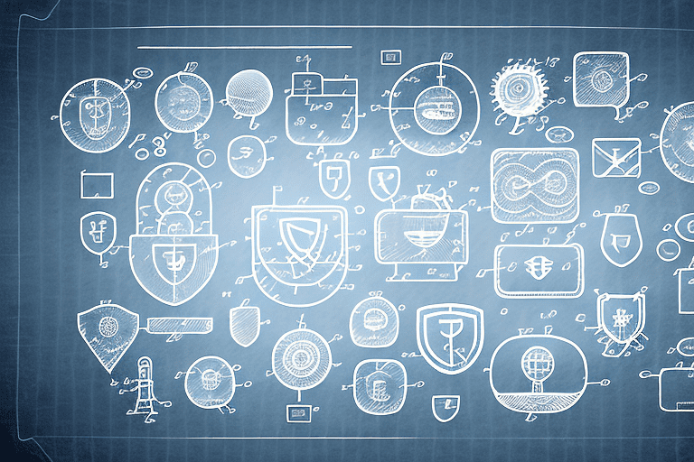 Various symbolic icons representing different types of intellectual property - such as a patent