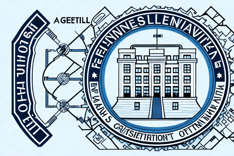 The general services administration building with various intellectual property symbols (like copyright
