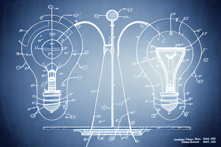 A balanced scale with a patent document on one side and a light bulb (representing an idea) on the other