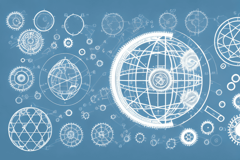 A globe overlaid with various design elements like gears