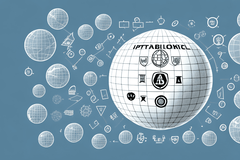 A globe surrounded by various symbols representing different types of intellectual property like a patent