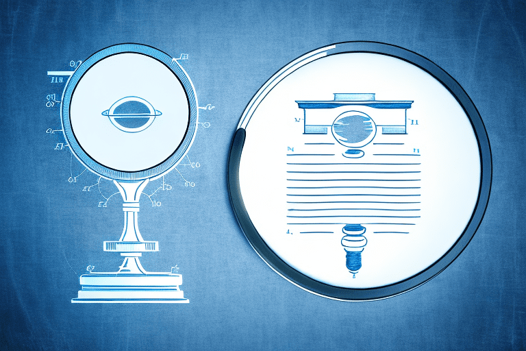 A magnifying glass hovering over a patent document and a balanced scale