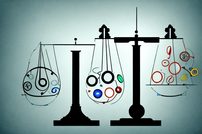 A balance scale with different symbols of intellectual property (like a light bulb for ideas