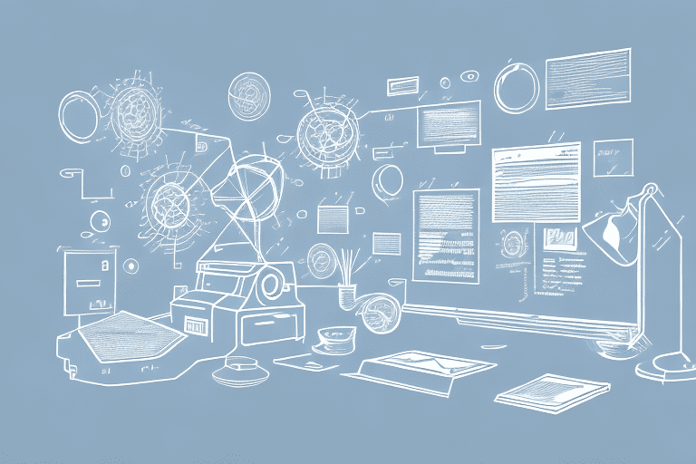 A symbolic office setting with various intellectual property items such as a patent