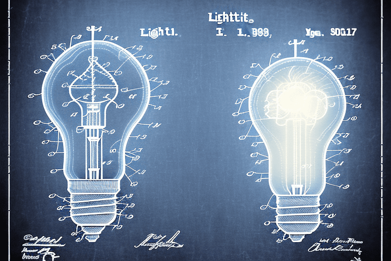 A patent document with a lightbulb (symbolizing an idea) and various legal symbols like scales