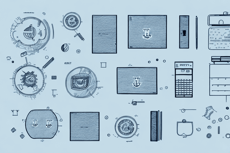 An office setting with various intellectual property symbols like patent