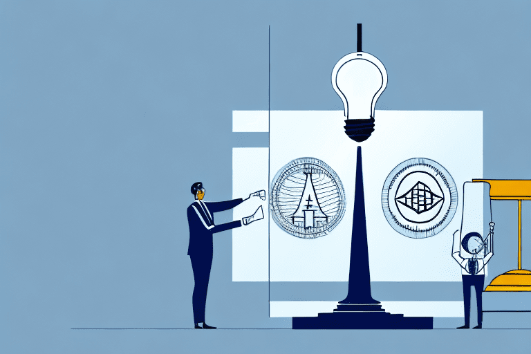 A scale balancing a lightbulb (representing intellectual property) and a document (representing the office of management and budget)