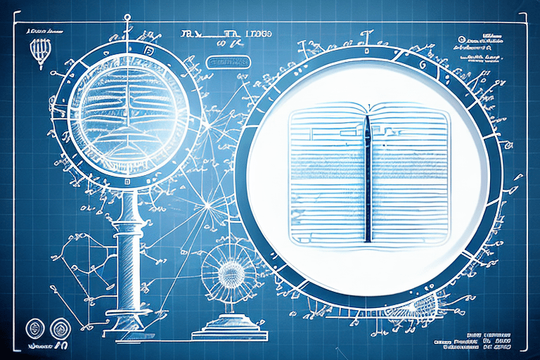 A magnifying glass hovering over a stylized representation of a patent document