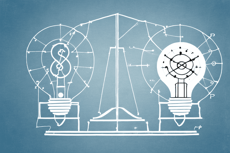 A balanced scale with symbols of intellectual property (like a light bulb
