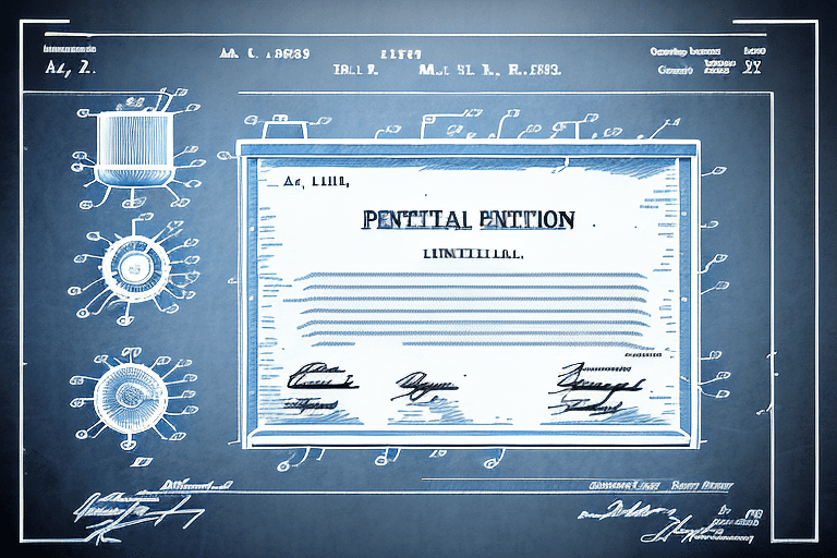 A patent certificate surrounded by various intellectual property symbols like a copyright sign