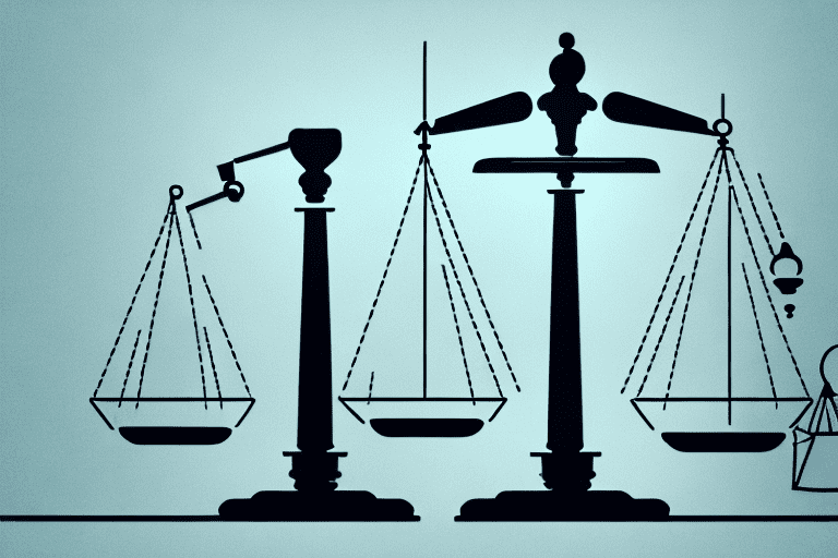 A balance scale with a trademark symbol on one side and a legal document on the other