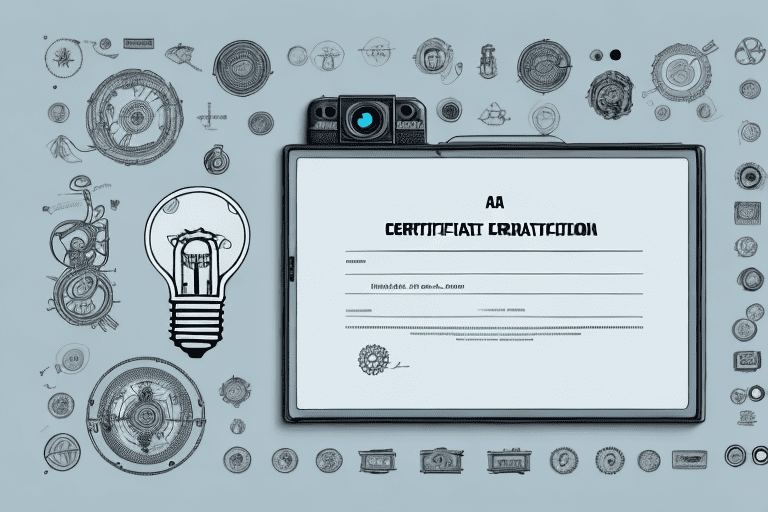 A registration certificate surrounded by various symbols representing different types of intellectual property such as a light bulb (for ideas)