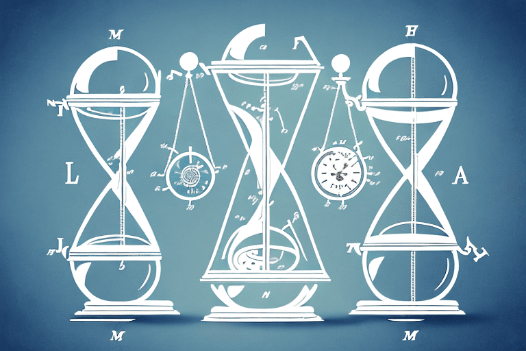 A sand hourglass with legal scales balancing patent icons and calendar pages