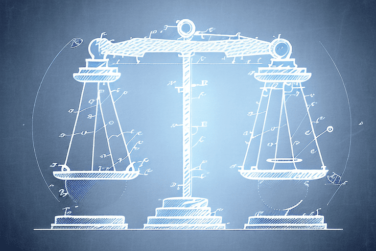 A balanced scale with a patent document on one side and a gavel on the other