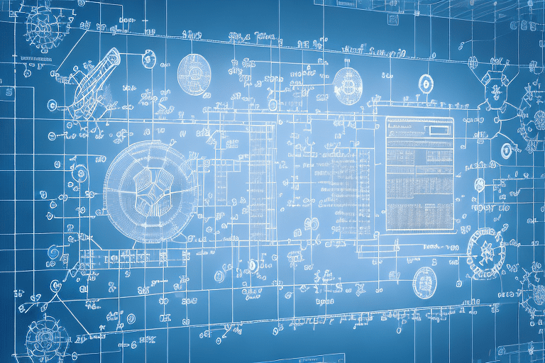 A digital blueprint with symbols representing technology and intellectual property