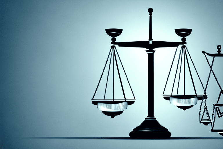 A suspended scale balancing a lightbulb (representing an idea) and a legal gavel