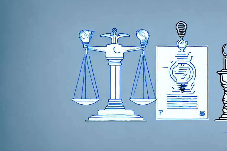 A utility patent document with a lightbulb (representing an idea) and various legal symbols like a gavel and scales