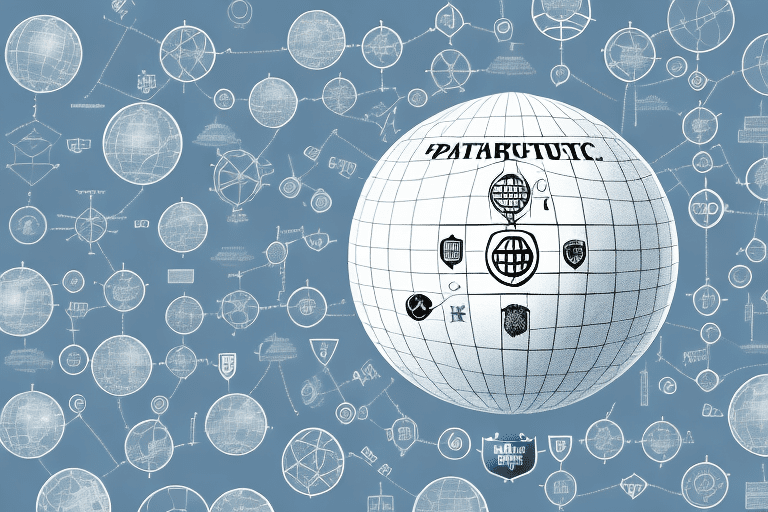 A globe surrounded by various symbols representing different forms of intellectual property like patents