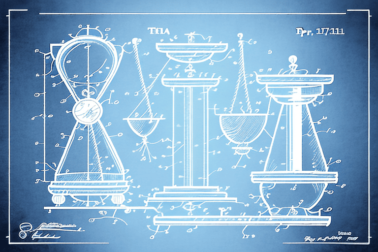 A large hourglass with patent-related items such as a microscope