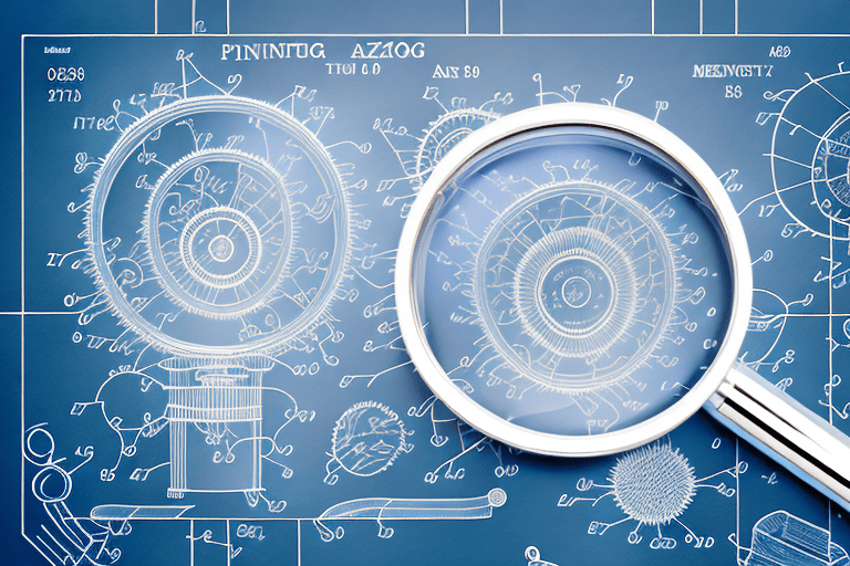 A magnifying glass focusing on a complex jigsaw puzzle made up of different patent law symbols and icons