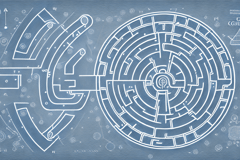 A complex labyrinth with various legal and patent-related symbols as obstacles