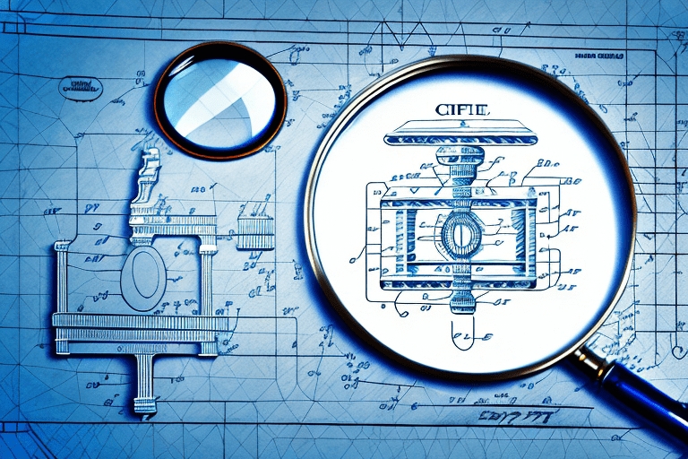 A magnifying glass focusing on a detailed blueprint of an invention