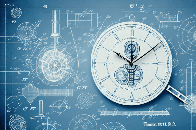 A ticking clock surrounded by various patent-related items like blueprints and inventions