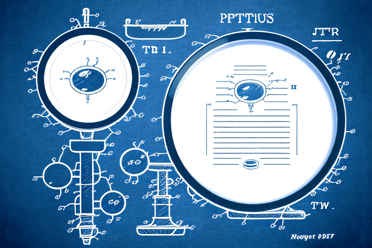 A magnifying glass hovering over a document filled with patent diagrams