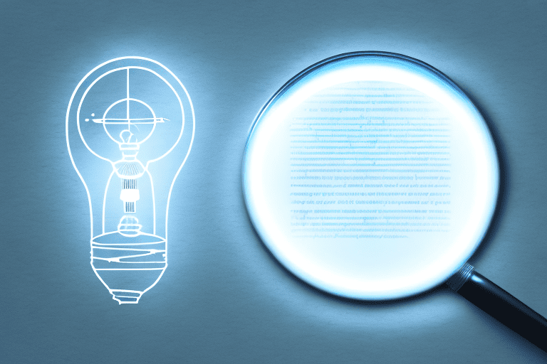 A magnifying glass hovering over a uspto patent bar exam paper and a light bulb glowing nearby