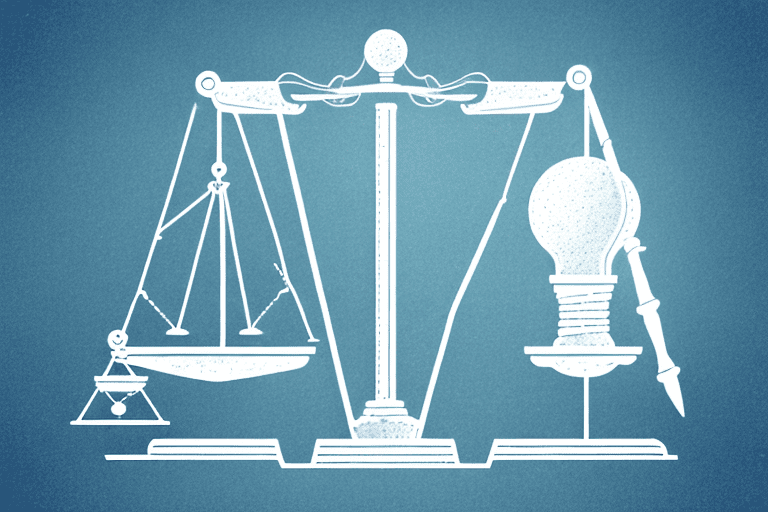 A scale balancing a light bulb (representing an idea) and a legal gavel (representing the law)