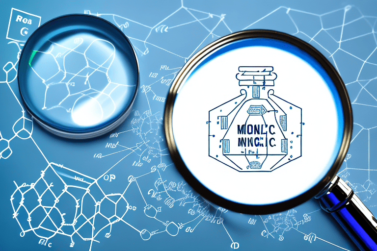 A magnifying glass hovering over a complex chemical compound structure