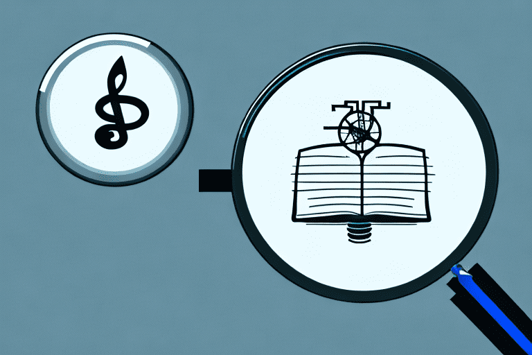 A magnifying glass examining various symbols representing different types of intellectual property like a film reel