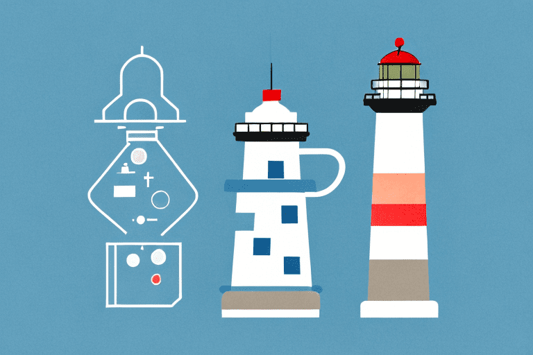 A lighthouse (representing safe harbor) on a coastline and a laboratory flask (representing experimental use) on a table