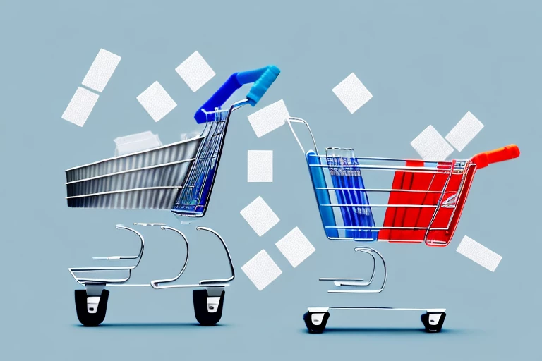 A shopping cart filled with various generic software boxes