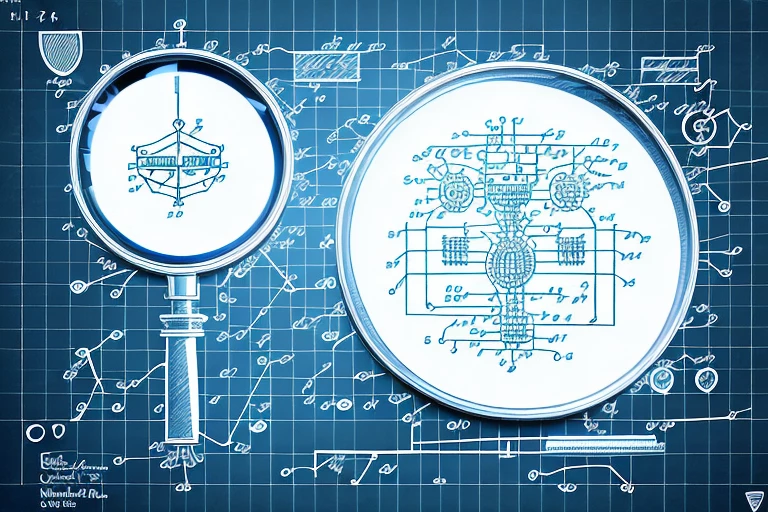 A magnifying glass hovering over a complex flowchart or diagram