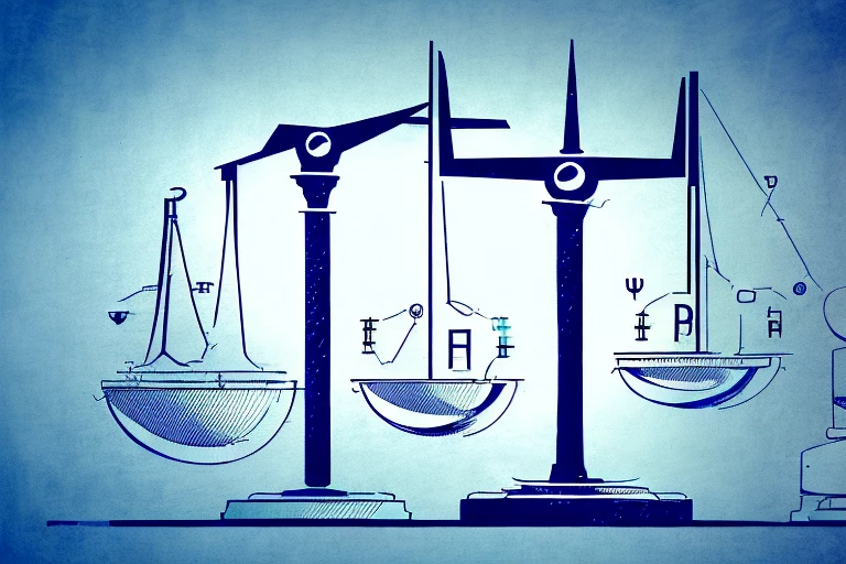 A balanced scale with a building (representing capital planning and investment) on one side and a patent symbol (representing intellectual property) on the other