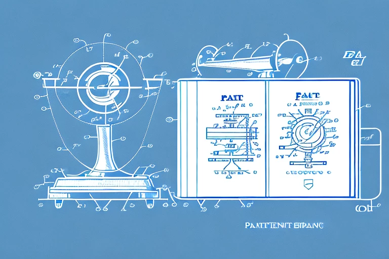 A split image showcasing a balance scale with a patent document on one side and a gmat textbook on the other