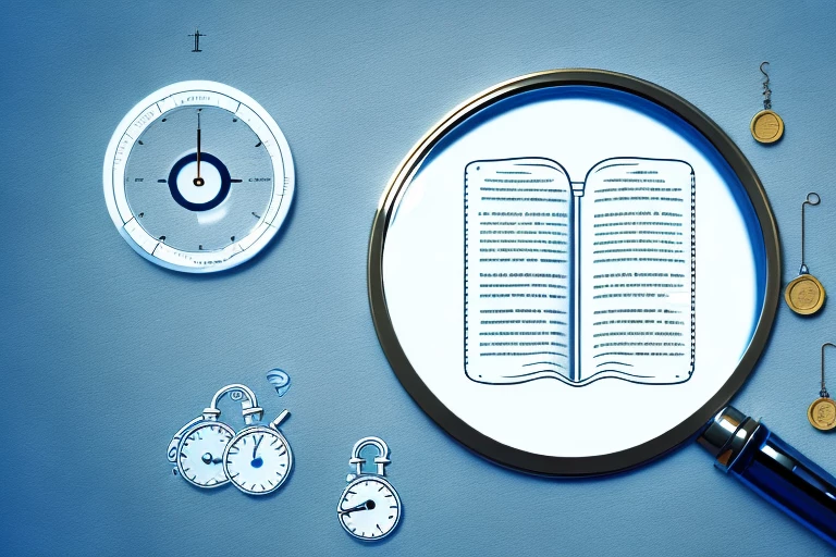 A magnifying glass hovering over a patent document with symbols of a stopwatch (representing extension)