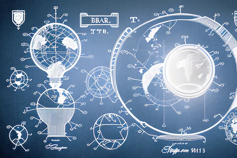 A global map dotted with patent symbols