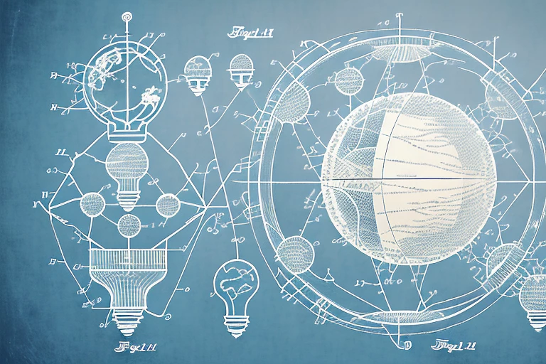 A globe with various patent-related symbols such as a light bulb (for ideas)