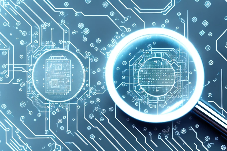 A magnifying glass hovering over a computer chip