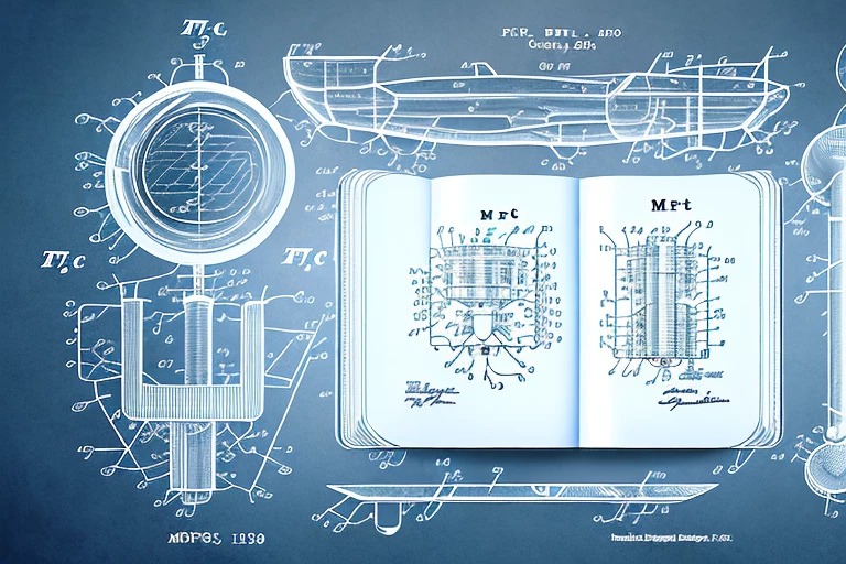 A magnifying glass hovering over a complex blueprint (representing a patent)
