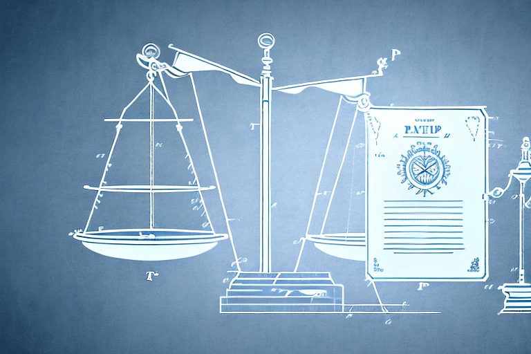 A balance scale with a patent document on one side and the mpep (manual of patent examining procedure) book on the other