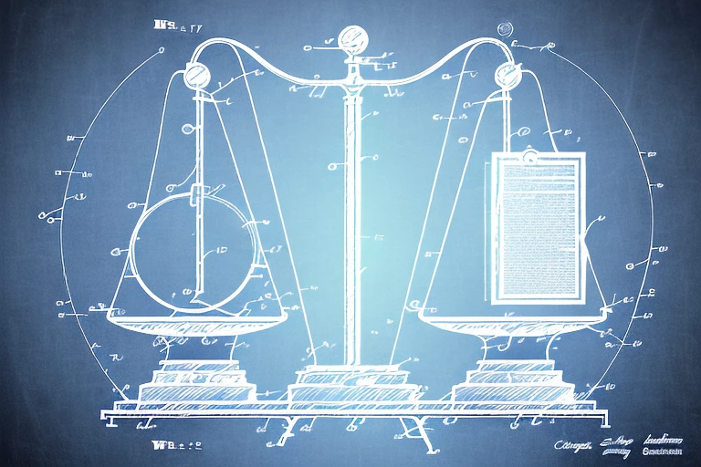 A balanced scale with a patent document on one side and a range of different yet similar inventions on the other