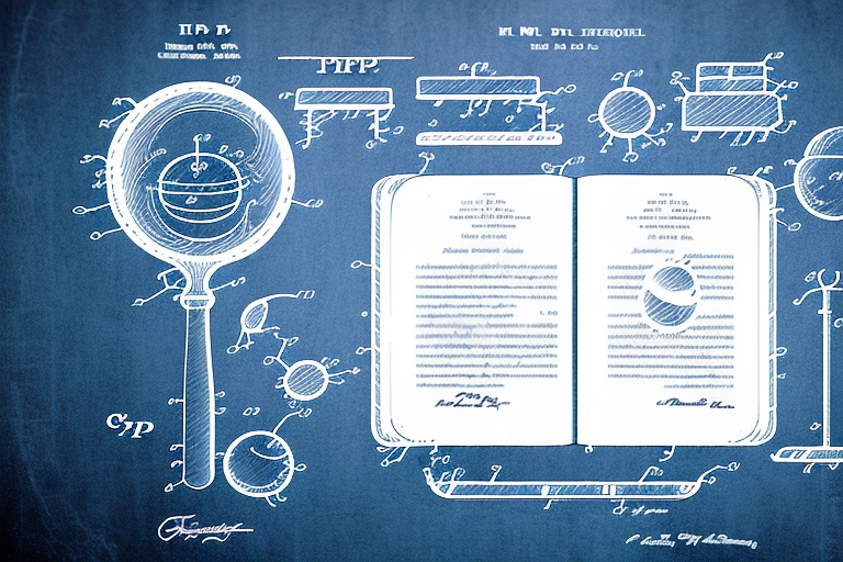 A magnifying glass hovering over a patent document